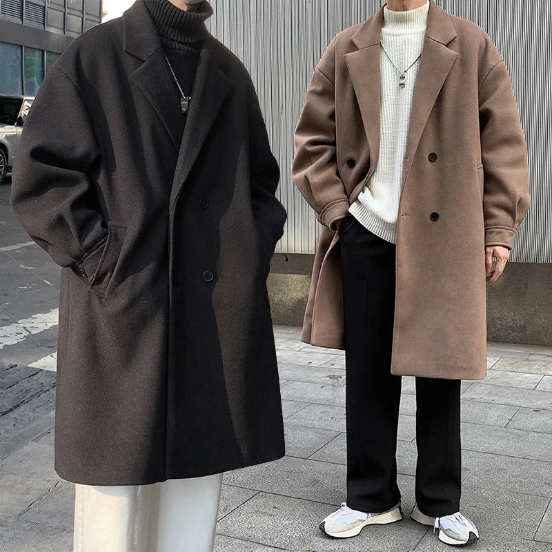 Premium polyester long coat in classic black and khaki colors, featuring a stylish suit collar and double-breasted front design for a sophisticated winter look.