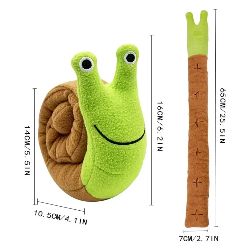 Soft, plush snail-shaped snuffle mat toy for dogs, with multiple treat-hiding pockets and a built-in sound generator for added engagement and mental stimulation.