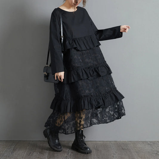 Stylish plus size black dress with lace stitching and long sleeves, perfect for retro-inspired style