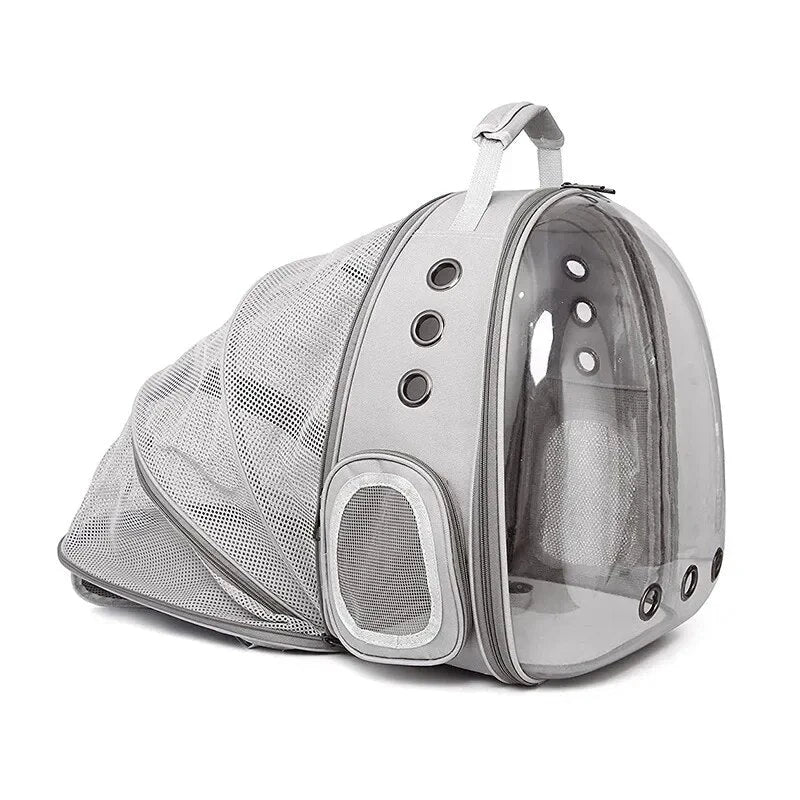 Expandable pet carrier backpack with transparent walls, allowing pets to enjoy the view during travel