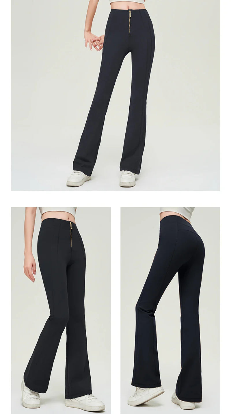 Premium nylon bell-bottom trousers with slimming high-waist design, perfect for Kiwi women's fitness and everyday style.