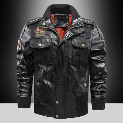 Premium PU leather jacket with stand-up collar and slim fit, available in brown, black, and army green colours