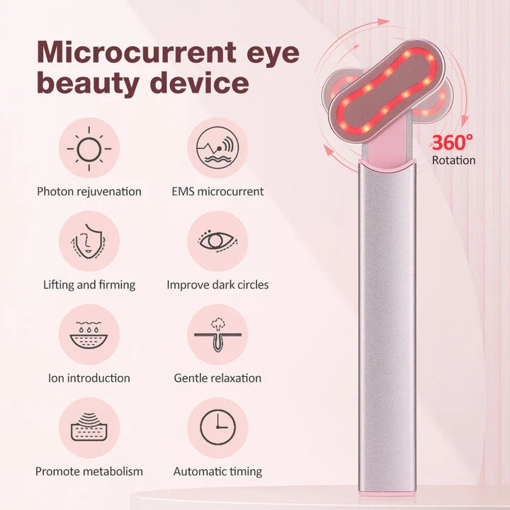 EMS Eye Beauty Massager with 360-degree rotating head, microcurrent technology, and warm compress therapy for reducing dark circles and wrinkles