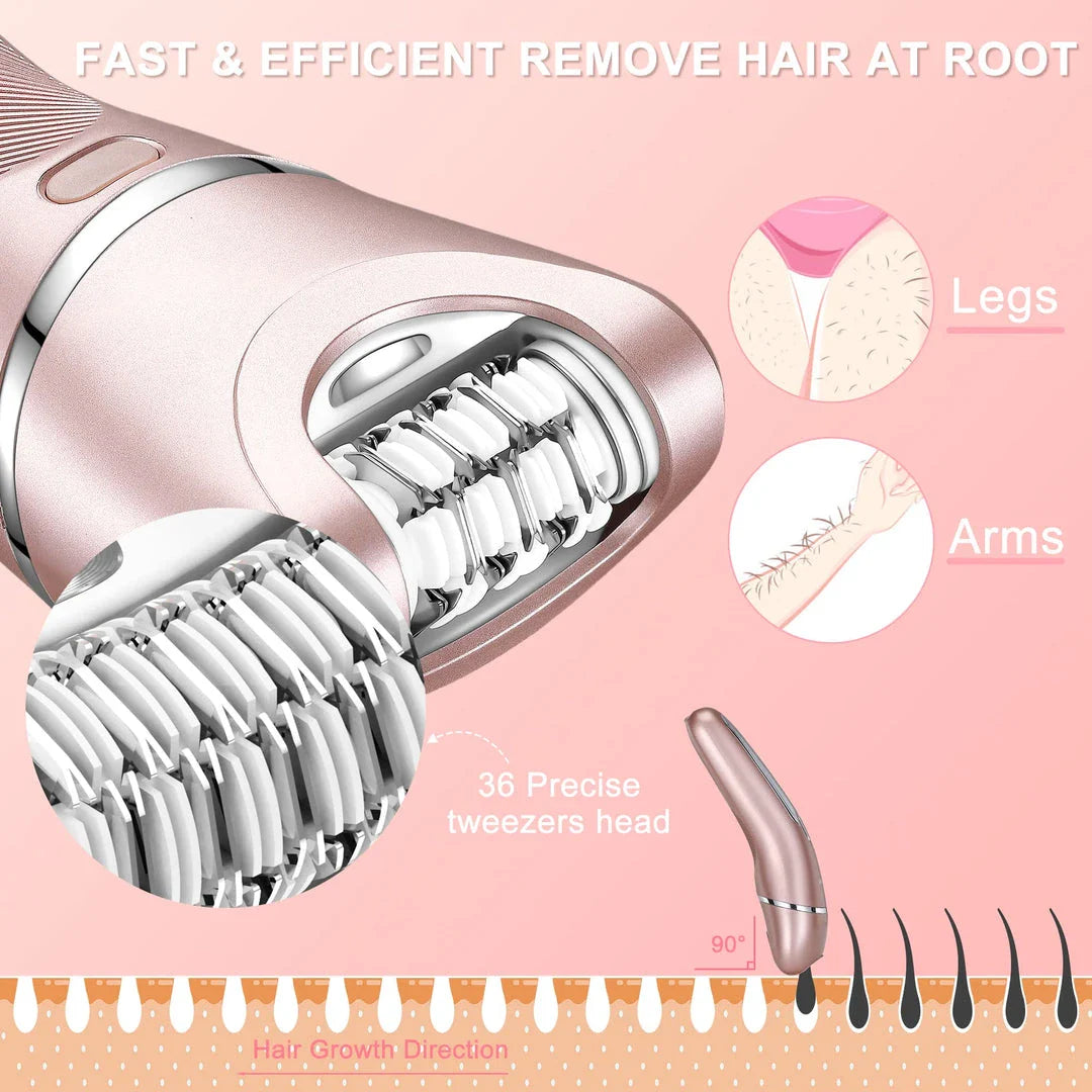 Electric Body Groomer with 36 tweezers for long-lasting hair removal and gentle, painless shaving