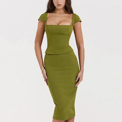 Stylish green two-piece set with square collar top and midi skirt, designed for women's fashion and special occasions.