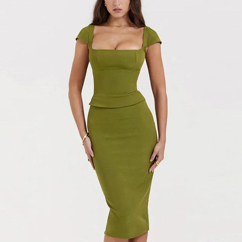 Shopfluxpro NZ Stylish Green Two-Piece Set - Chic Square Collar & Midi Skirt