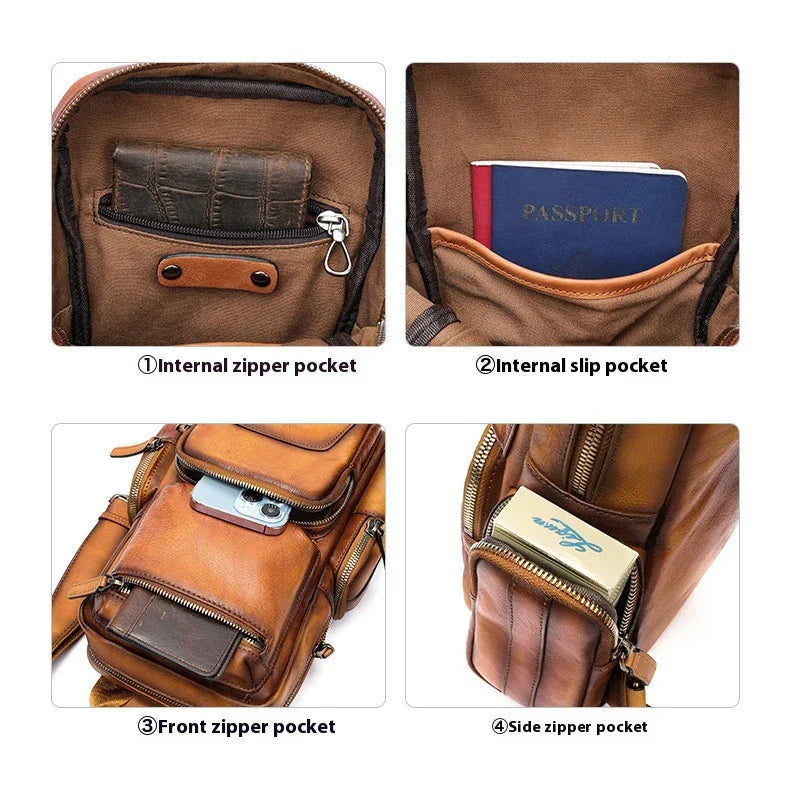 Rugged, premium leather chest bag with polyester cotton lining, designed for the active Kiwi lifestyle