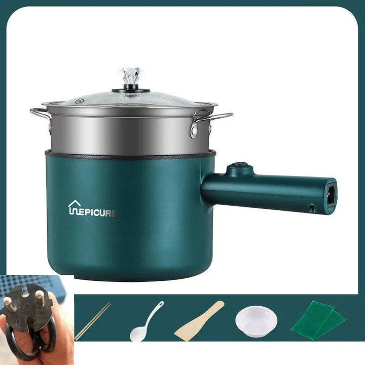 Versatile electric cooker in Emerald Green and Sapphire Blue colours, featuring manual and smart pot models with steaming grids for a range of cooking functions.