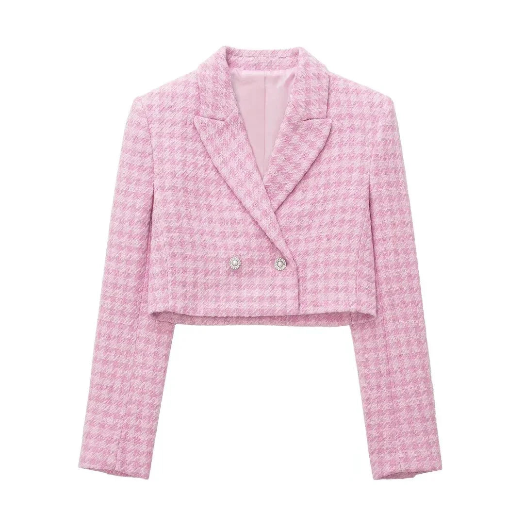 Trendha women's houndstooth suit featuring a casual jacket and textured culottes in a versatile, polished design