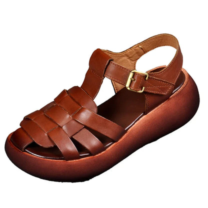 Sustainably crafted woven leather sandals with a supportive platform sole and adjustable buckle closure for elevated comfort and style