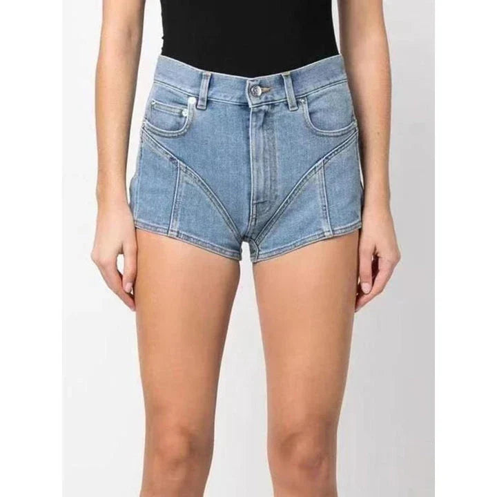 High-waisted slim fit denim shorts with patchwork detail, perfect for summer in New Zealand