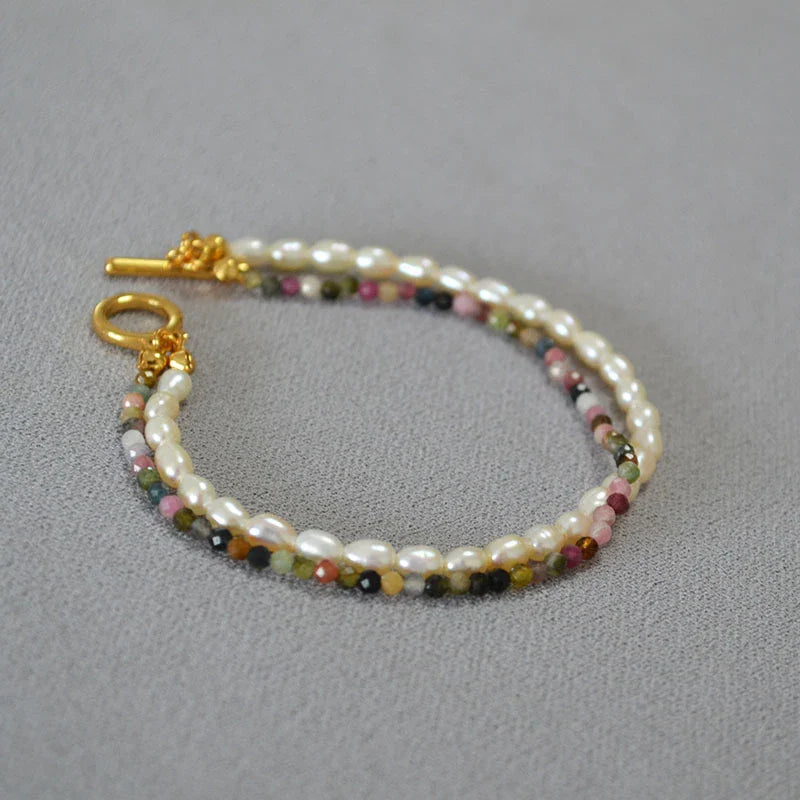 Freshwater pearl and tourmaline beaded bracelet with adjustable lobster clasp, a stylish Kiwi accessory for fashion-forward women