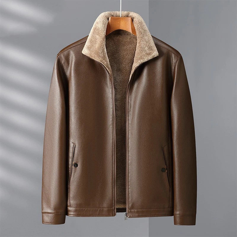 Fleece-lined men's leather jacket in black and brown colors with stand collar for warmth and comfort