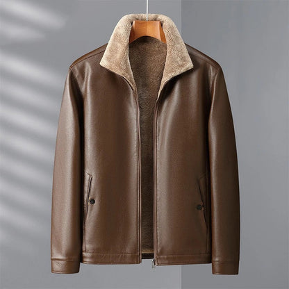Fleece-lined men's leather jacket in black and brown colors with stand collar for warmth and comfort