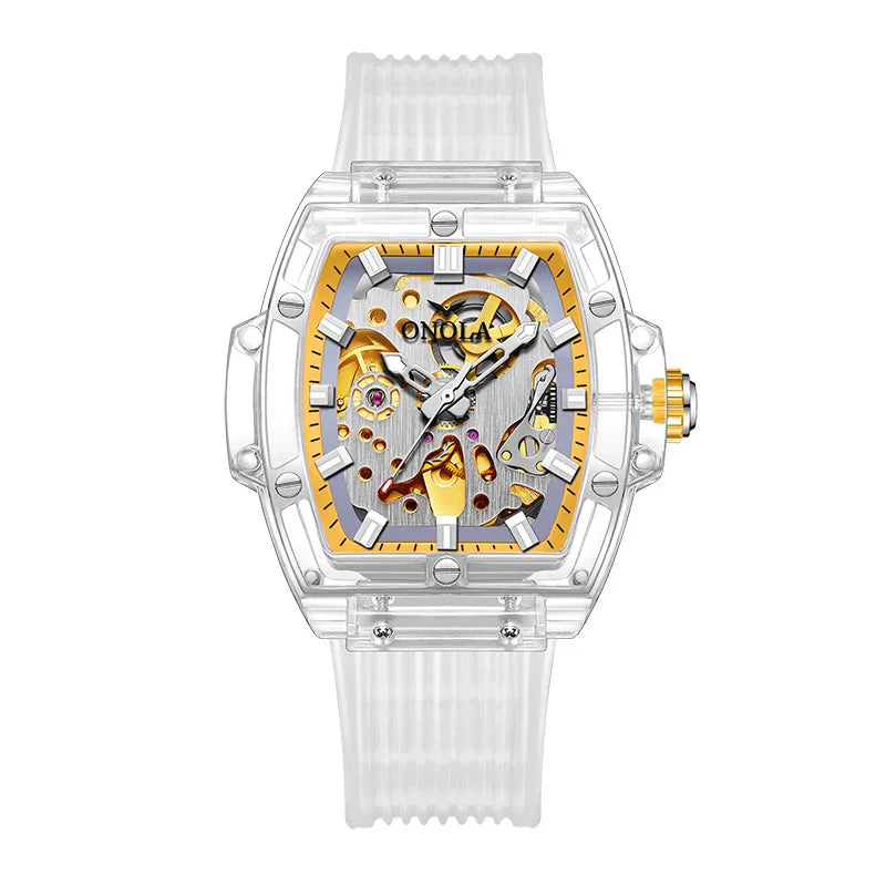 Trendha Skeleton Automatic Watch with Silicone Strap in Transparent White and Red