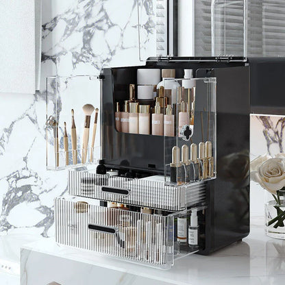 Large white makeup organizer drawer with transparent cover, storing various cosmetic products and accessories