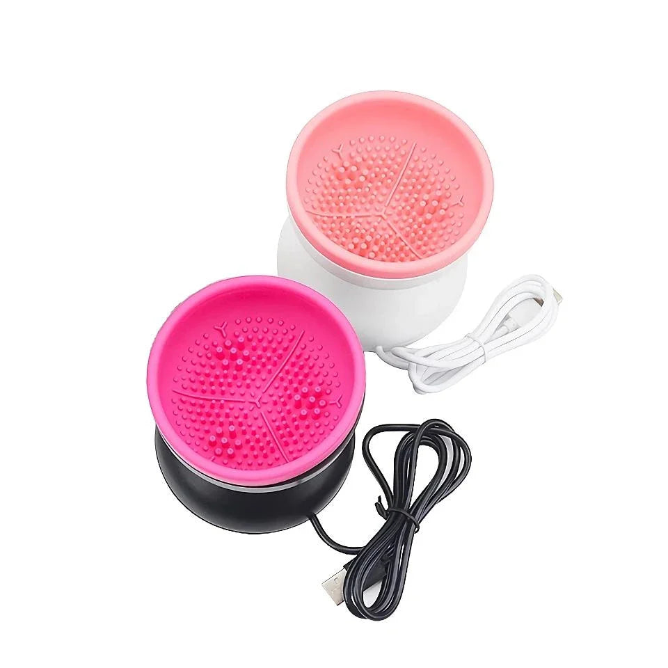 Compact electric makeup brush cleaner and dryer with USB-powered, silicone-crafted, and automatic cleaning features