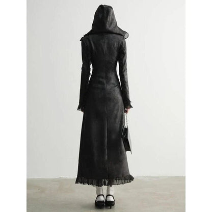 Stylish long sleeve hooded suede and PU leather overcoat for women, featuring a unique mesh patchwork design and single-breasted cut
