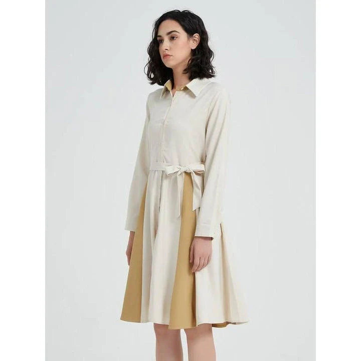 Elegant Beige A-line Long Sleeve Dress with Turn-down Collar and Belt for Flattering Fit