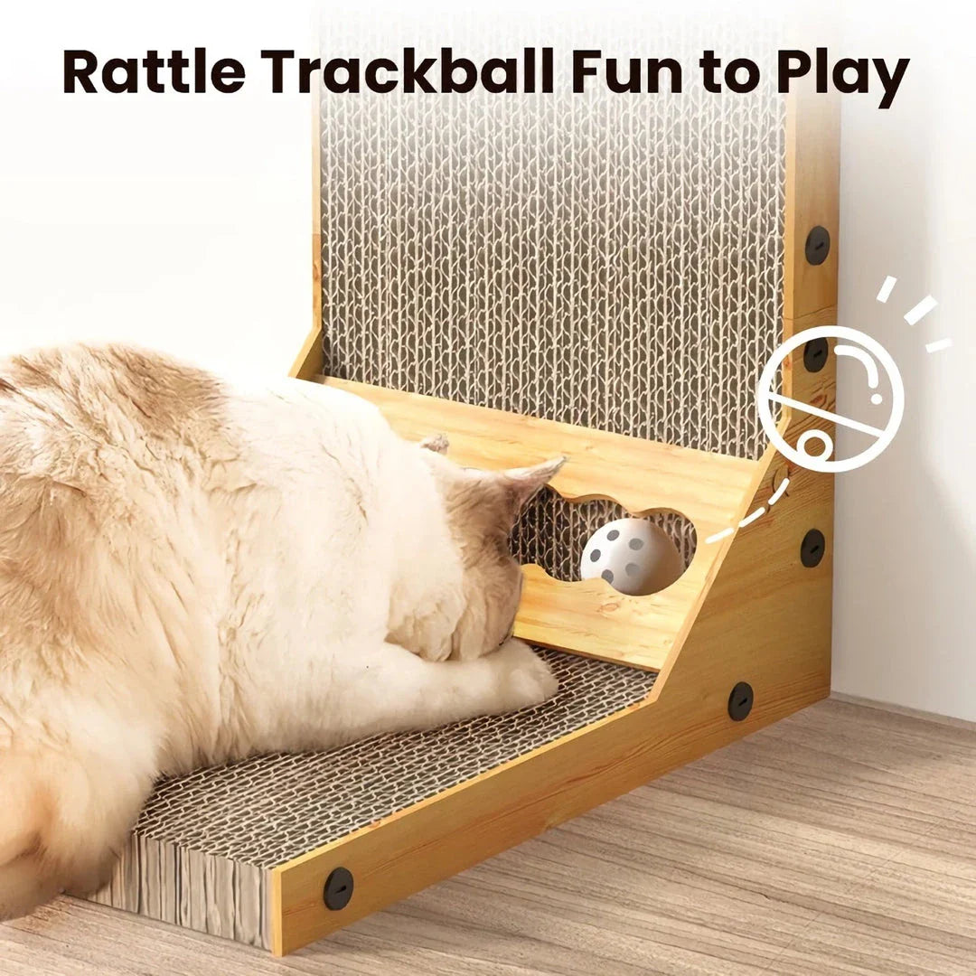 Trendha L-Shaped Cat Scratcher with durable construction and integrated rattle trackball for scratch satisfaction and cat entertainment