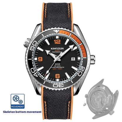 Stylish silver mechanical watch with luminous hands and indices, transparent bottom, and orange accent circle
