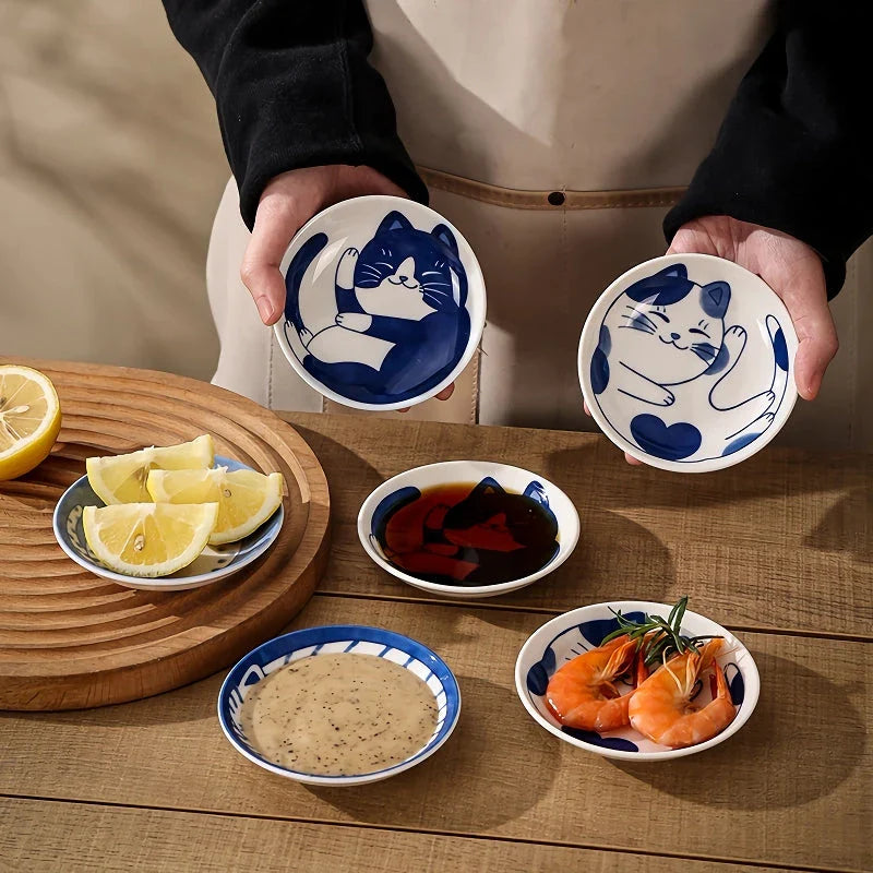 Ceramic Porcelain Dish with Hand-Painted Lucky Cat Design for Serving Sauces, Dips, and Desserts