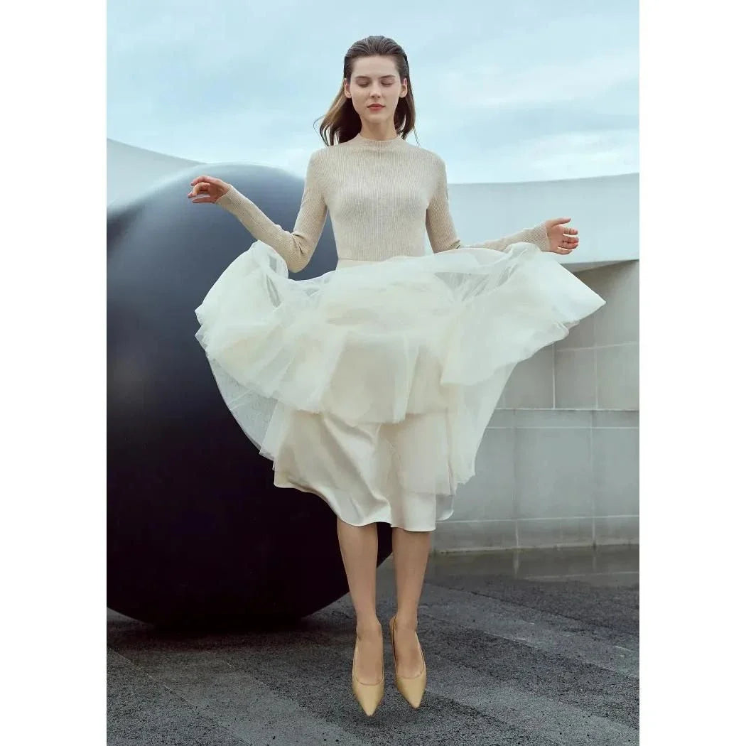 Elegant Fairy Gauze A-Line Skirt in Orange Beige and White, featuring a classic A-line silhouette and ankle-length design