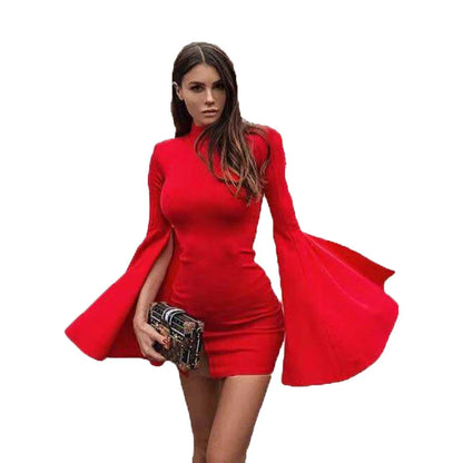 Stylish turtleneck dress with flared sleeves in vibrant red colour, perfect for the modern Kiwi woman's wardrobe