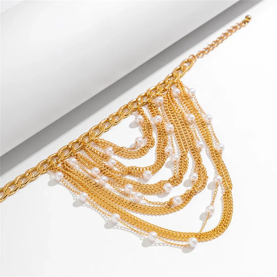 Fashionable gold-tone boho chic tassel pearl anklet for Kiwi women with an adjustable chain and elegant design