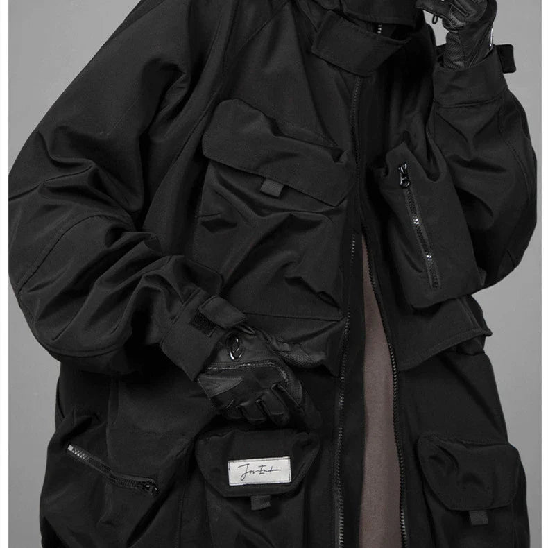 Men's Loose Casual Hooded Work Clothes Three-dimensional Jacket in sleek black, designed for Kiwi comfort and style