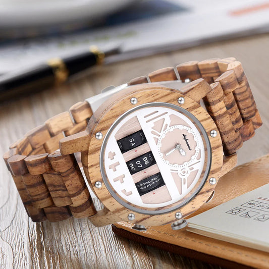 A stylish and innovative Kiwi-engineered wooden watch with a spiral crown, mineral-reinforced glass mirror, and stainless steel clasp.