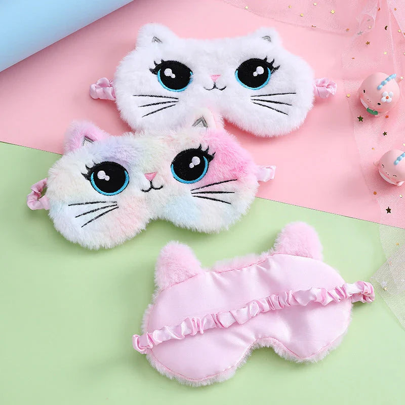 Cosy Kiwi Cutie plush sleep mask with adorable big eyes cat design and adjustable strap for comfort