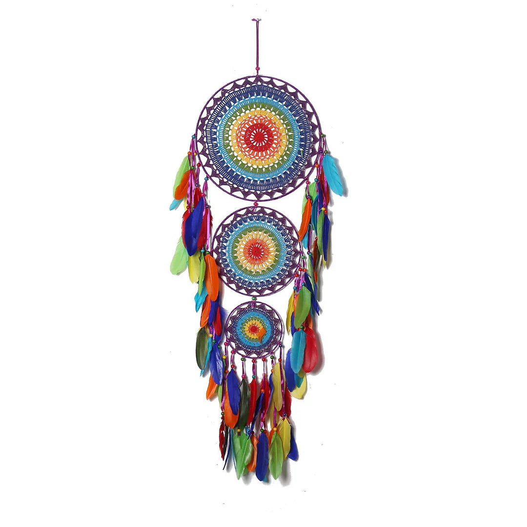 Vibrant, handcrafted dreamcatcher wall hanging with feathers, wood, and beads, adding a touch of Kiwi-inspired charm to any home.