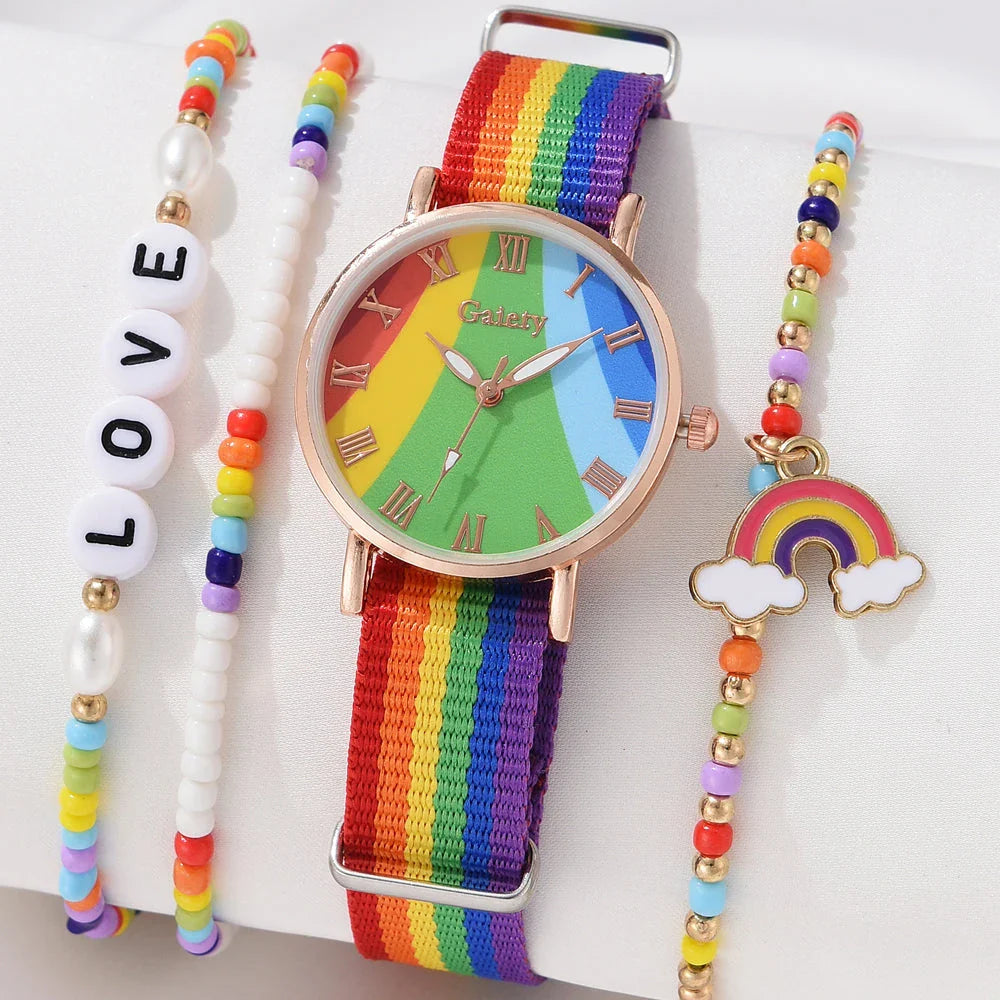 Rainbow-coloured fabric strap women's wristwatch with alloy case and quartz movement