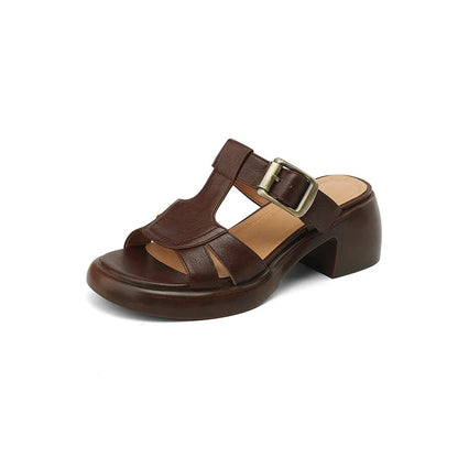 Premium cow leather sandals with a stylish buckle detail and a supportive square heel, perfect for Kiwi summer fashion.