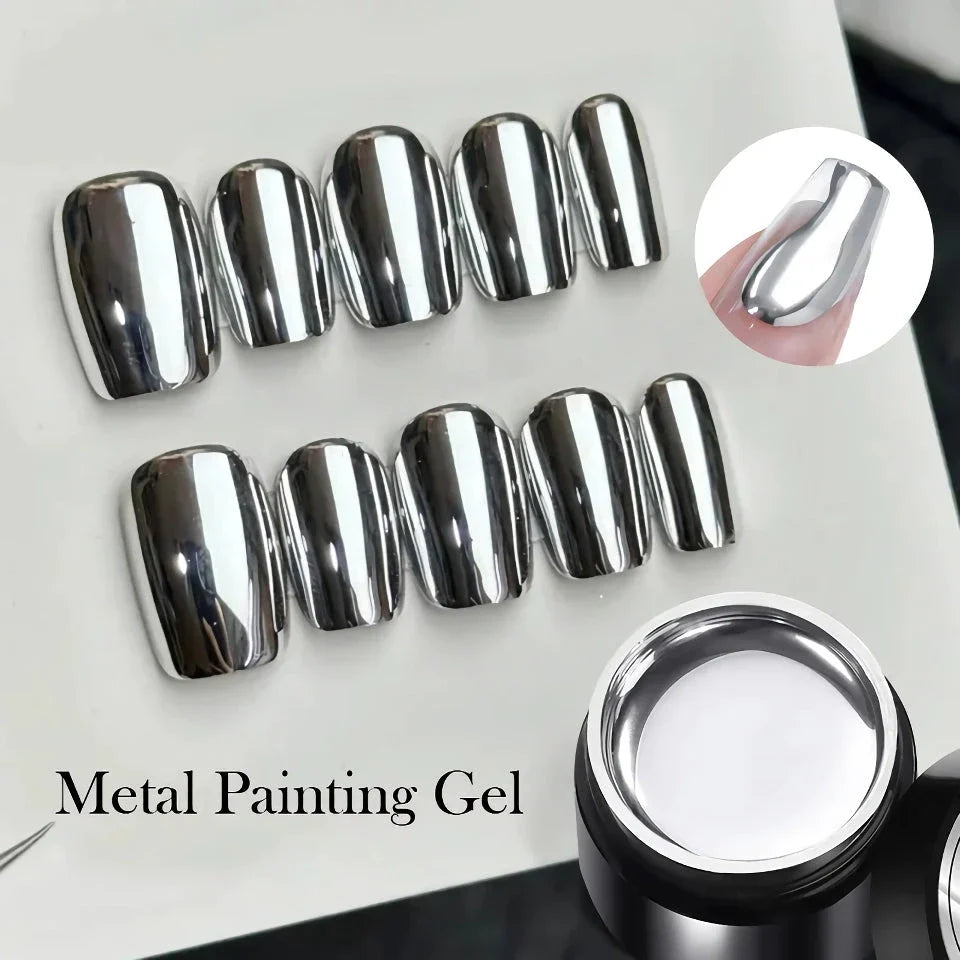 A bottle of 5ML Super Silver Metallic Gel Nail Polish with a metallic mirror-like finish