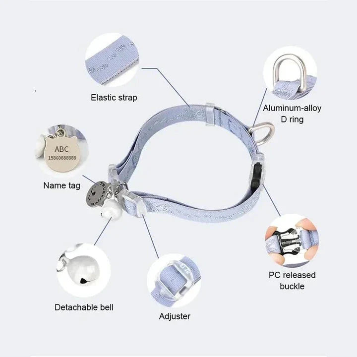 Adjustable cat and small dog collar in various Kiwi-inspired colours, including black, blue, and purple