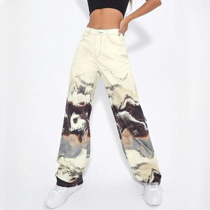 Stylish tie-dye wide-leg high-waist jeans designed for the modern Kiwi woman