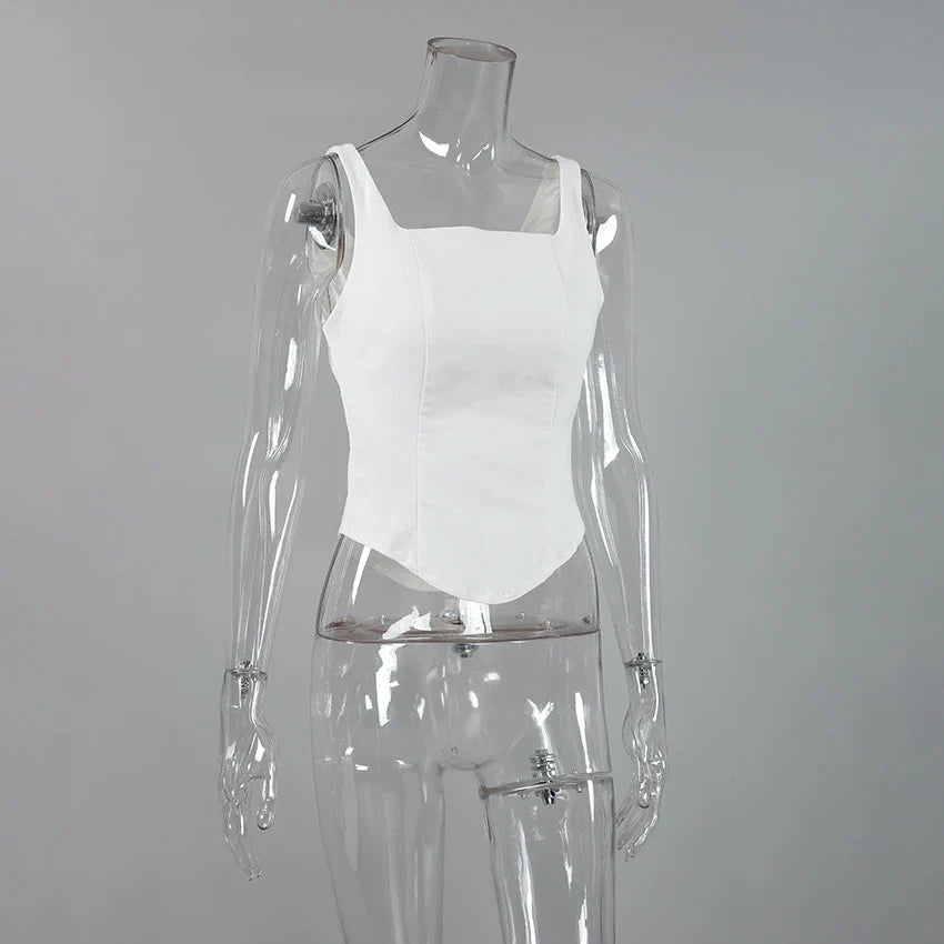 Stylish sleeveless top with square neckline in white, made from premium rayon blend fabric