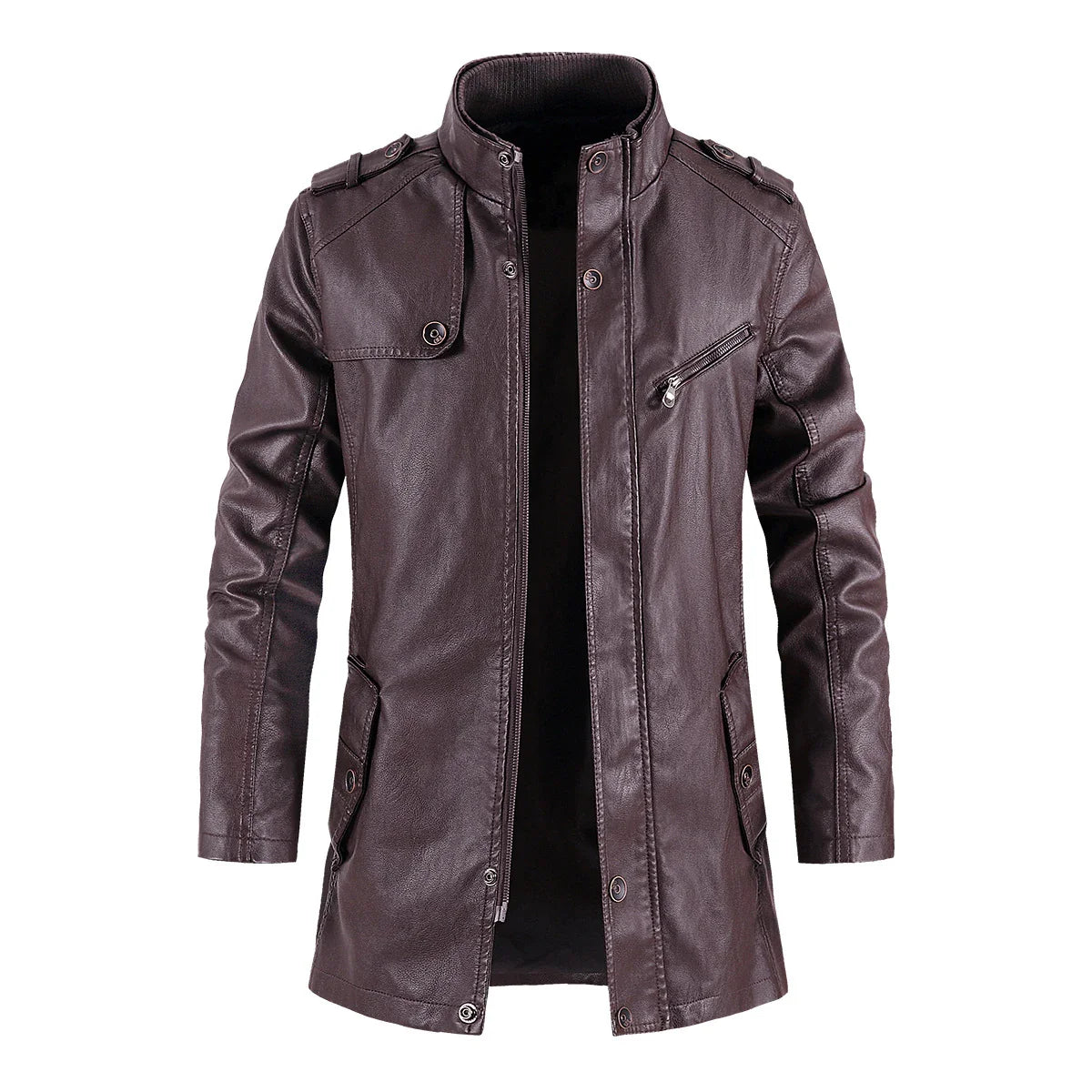 A stylish leather jacket with a standing collar, designed for the modern Kiwi man's casual and formal wear needs.