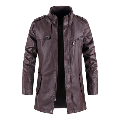 A stylish leather jacket with a standing collar, designed for the modern Kiwi man's casual and formal wear needs.