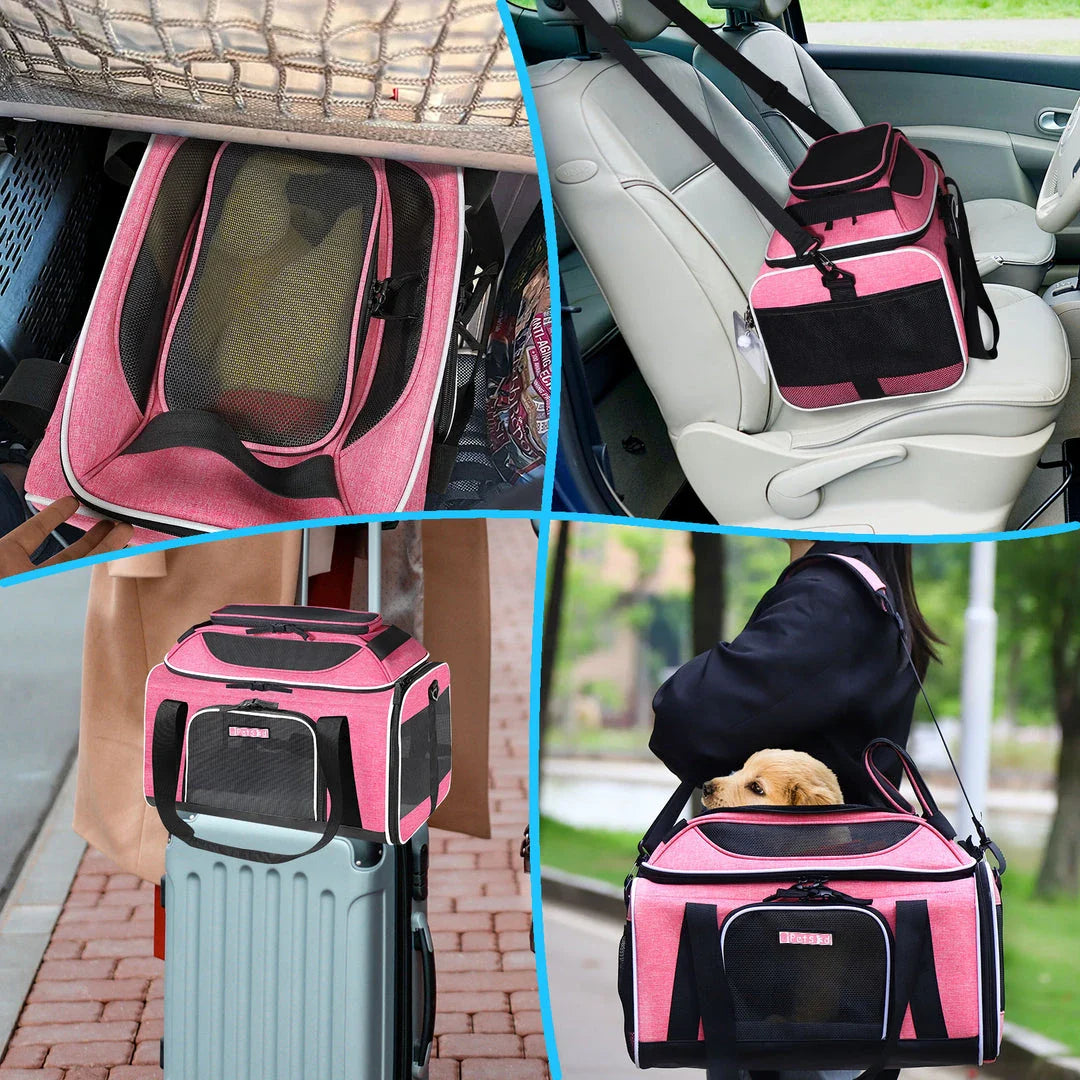 Airline-approved pet carrier with expandable top and safety features for stress-free travel with your furry companion