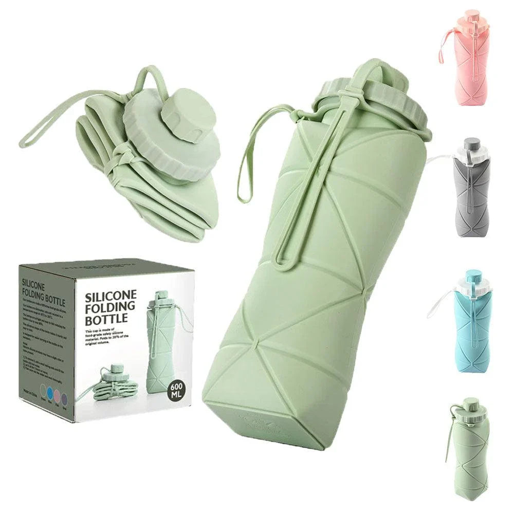 600ml folding silicone water bottle in green, pink, blue, and gray colors for outdoor sports and travel use