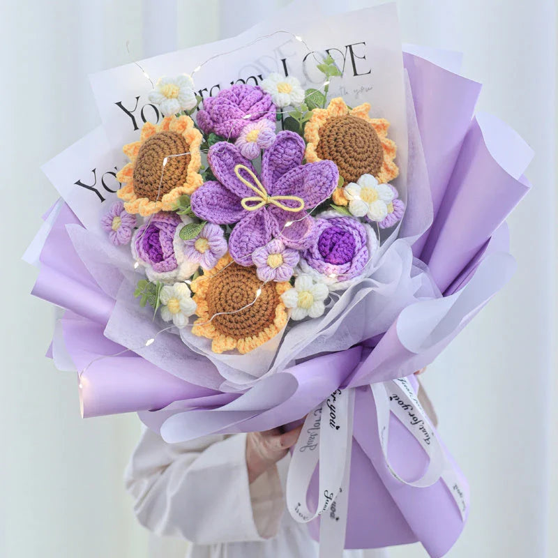 Stunning knitted flower bouquet with vibrant, candied flowers and LED lighting