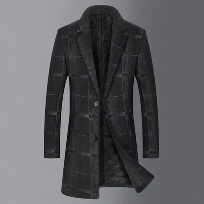 Men's Mid-length Slim Wool Coat in Camel and Gray colors, featuring a tailored silhouette and subtle grid pattern