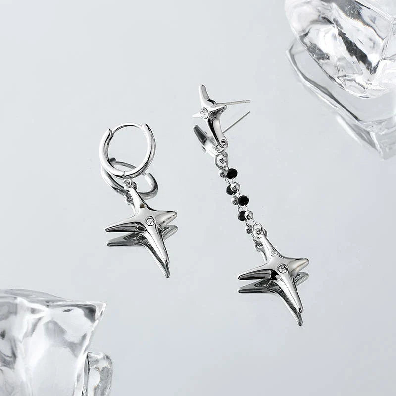 Asymmetric four-star silver earrings with a sophisticated Japan and South Korea-inspired design, ideal for Kiwi fashion enthusiasts.