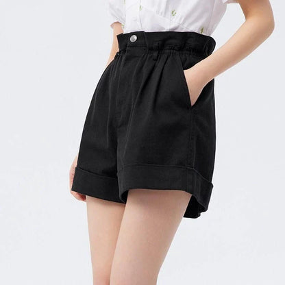 A pair of high-waisted, loose A-line casual shorts in a black colour, featuring a comfortable and flattering design for Kiwi women.