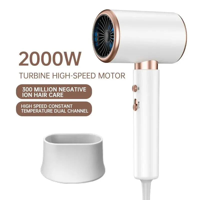 A white 2200W professional ionic hair dryer with multiple settings and a concentrator nozzle for salon-quality blowouts