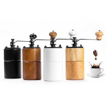 Elegant wooden manual coffee grinder with premium steel conical burr for consistent grinding and optimal coffee flavour.