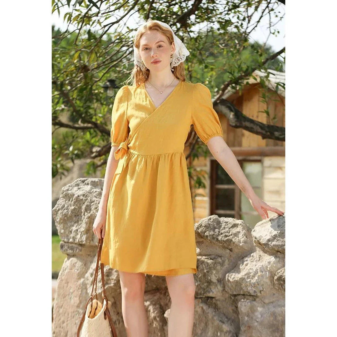 Stylish linen mini dress with puff sleeves and lace-up detail, perfect for Kiwi summer